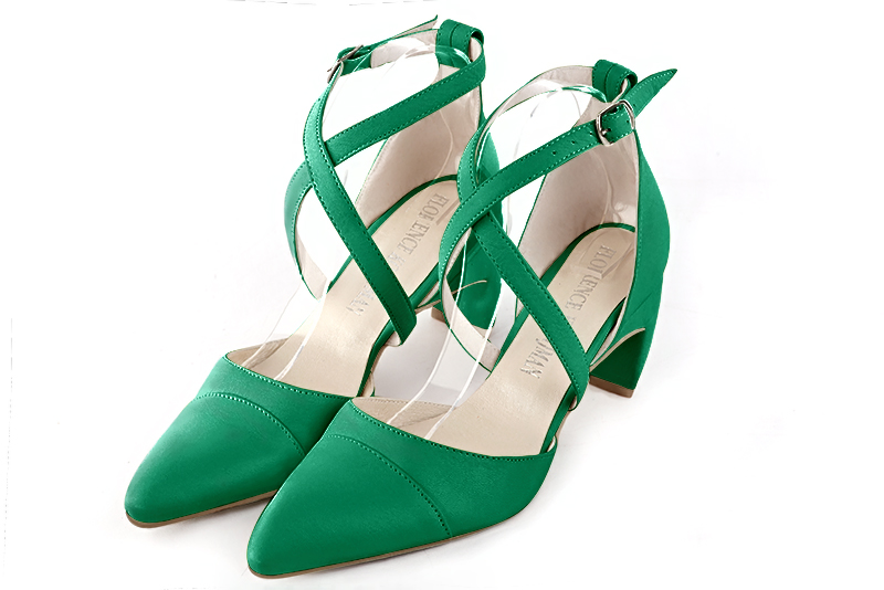 Emerald green women's open side shoes, with crossed straps. Tapered toe. Medium comma heels. Front view - Florence KOOIJMAN